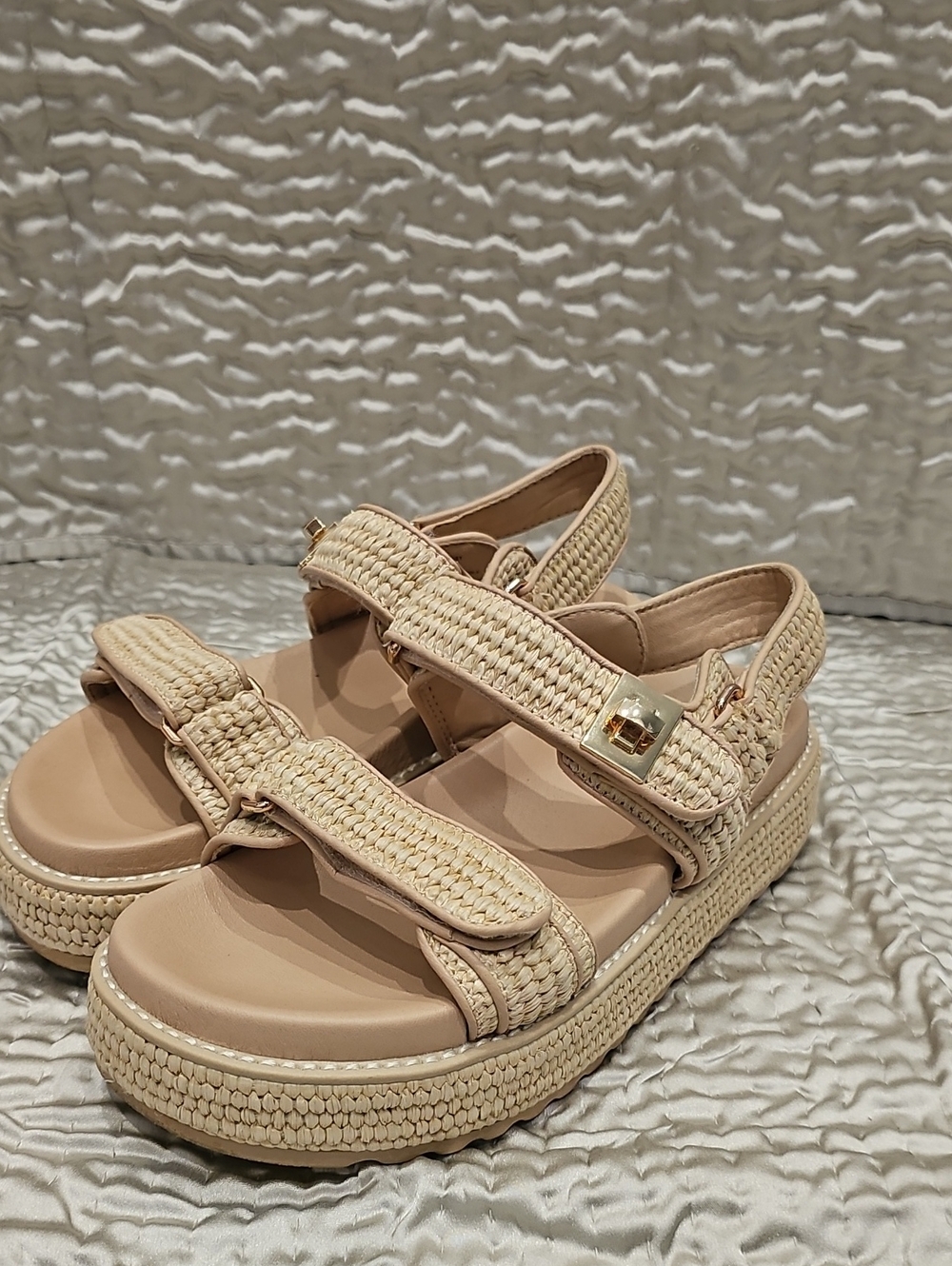 Steve Madden BigMona Beige Woven Platform Sandals